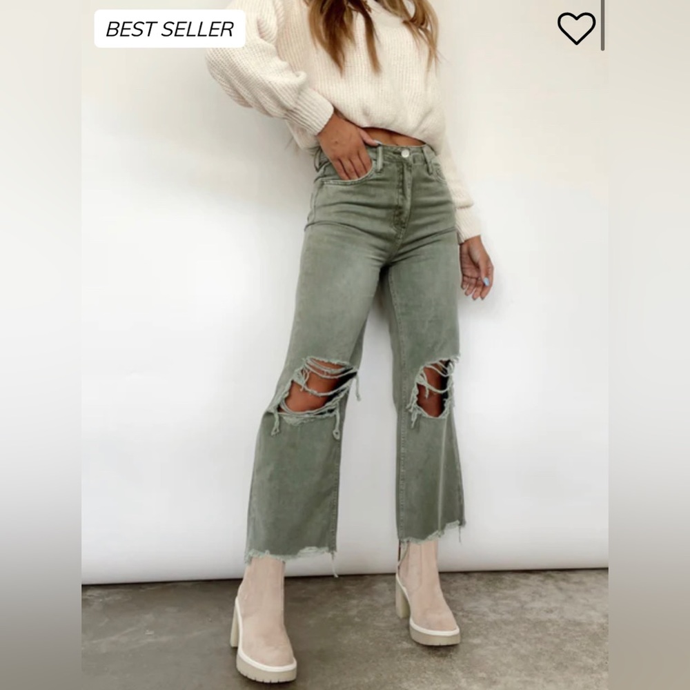 Lane 201 Army Green Ripped Crop Flare Denim, Waist Size 25